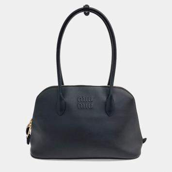 Miu Miu Black Leather Logo Embossed Top Handle Tote Bag Small