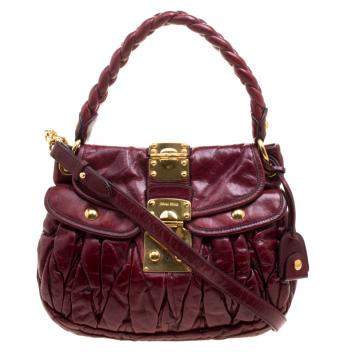 Pre Owned Miu Miu Burgundy Matelasse Lux Leather Small Coffer Hobo