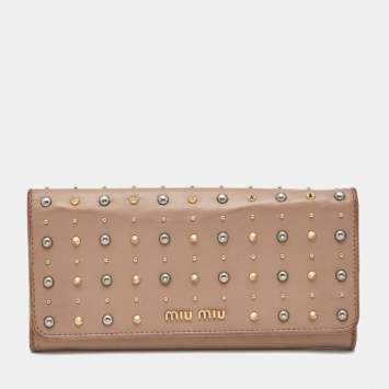 Pre Owned Miu Miu Mauve Leather Studded Flap Wallet
