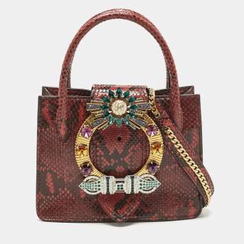 Miu Miu Red/Black Snakeskin Crystals Embellished Flap Tote