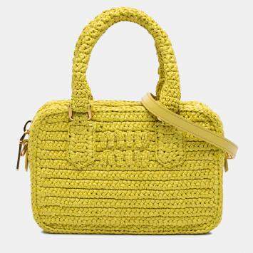 Miu Miu Yellow Raffia Crochet Arcadie Top Handle Bag
