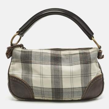 Pre Owned Miu Miu Brown/Grey Tartan Plaid Fabric and Leather Zip Hobo