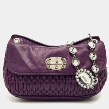 Pre Owned Miu Miu Purple Matelasse Leather Crystal Chain Flap Shoulder Bag
