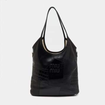 Pre Owned Miu Miu Black Leather and Croc Embossed Ivy Patchwork Tote