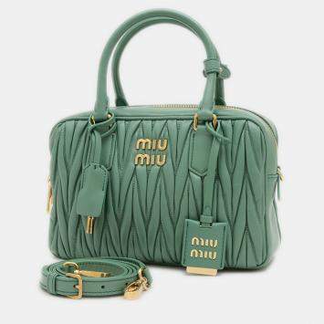Pre Owned Miu Miu Arcadi Matelasse Hand Shoulder Bag Leather Salvia Green