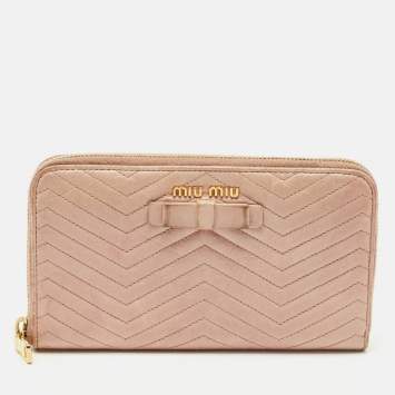 Pre Owned Miu Miu Beige Quilted Leather Zip Continental Wallet