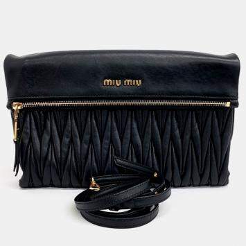 Pre Owned Miu Miu Black Leather Matrasse Clutch and Crossbody Bag