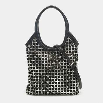 Pre Owned Miu Miu Black Leather and Satin Crystal Embellished Tote