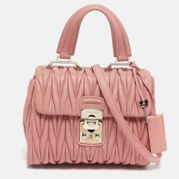 Pre Owned Miu Miu Pink Matelassé Leather Flap Top Handle Bag