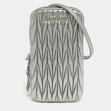 Pre Owned Miu Miu Silver Matelasse Leather Phone Holder Crossbody Bag