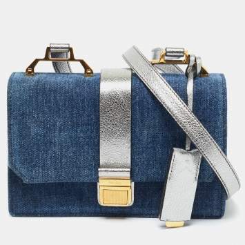 Pre Owned Miu Miu Silver/Blue Denim and Madras Leather Pushlock Top Handle Bag