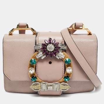 Pre Owned Miu Miu Pink Madras Leather Crystals Embellished Flap Shoulder Bag