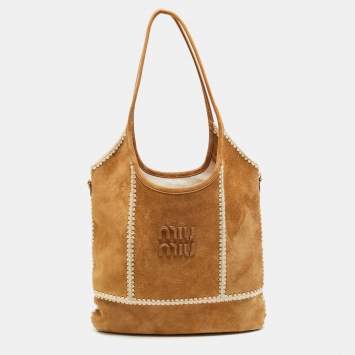 Pre Owned Miu Miu Beige/Off White Suede and Crochet Ivy Bag