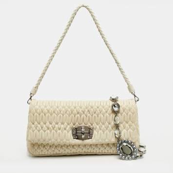 مملوكة مسبقًا Miu Miu White Matelasse Leather Crystal Flap Shoulder Bag