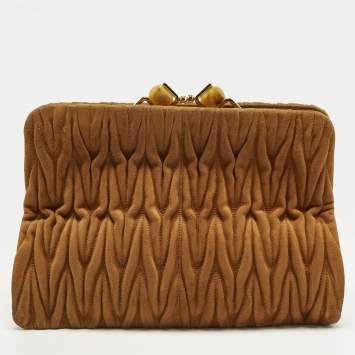 Pre Owned Miu Miu Kisslock Frame Brown Matelassé Suede Clutch