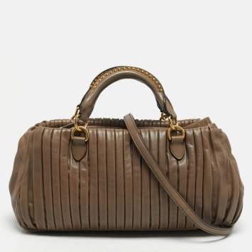 Pre Owned Miu Miu Pleated Dark Beige Leather Satchel