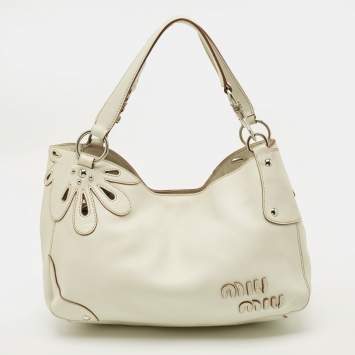 Pre Owned Miu Miu Floral Cut Off White Leather Hobo