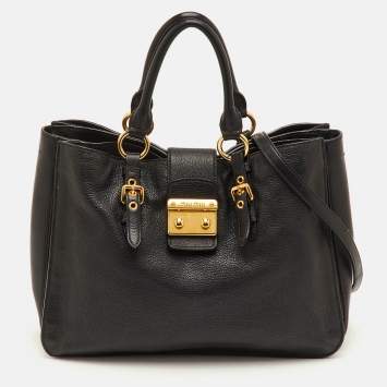 Pre Owned Miu Miu Pushlock Black Madras Leather Tote