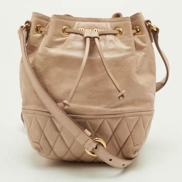 Pre Owned Miu Miu Beige Vitello Shine Leather Drawstring Bucket Bag