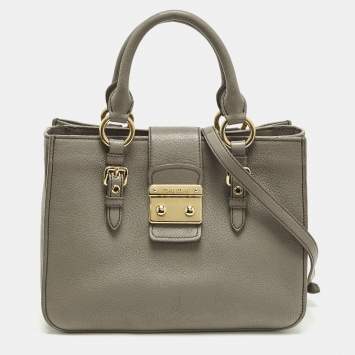 Pre Owned Miu Miu Pushlock Grey Madras Leather Tote