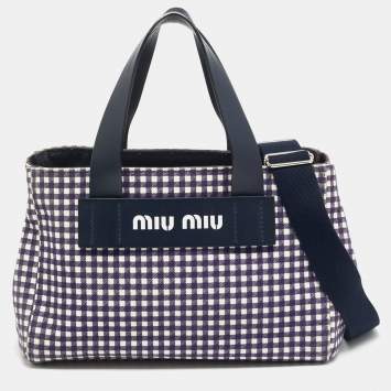Pre Owned Miu Miu Blue/White Gingham Check Fabric Tote