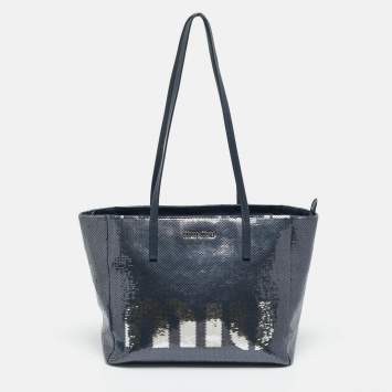 Pre Owned Miu Miu Logo Navy Blue Leather and Sequins Tote