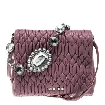 Pre Owned Miu Miu Bubble Gum Matelasse Leather Crystal Crossbody Bag