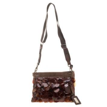 Pre Owned Miu Miu Brown Leather Windowpane Shell embellished Crossbody Bag