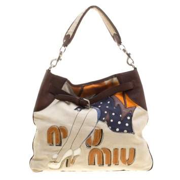 Pre Owned Miu Miu Beige/Brown Canvas Embroidered Shoulder Bag