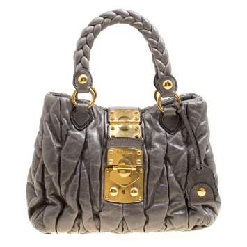 Pre Owned Miu Miu Grey Matelassé Leather Coffer Two Way Top Handle Bag