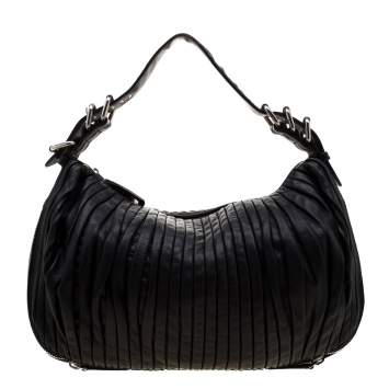 Pre Owned Miu Miu Black Leather Plisse  Hobo