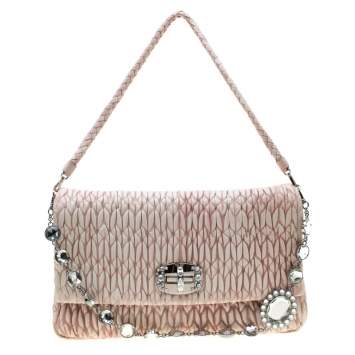 Pre Owned Miu Miu Baby Pink Matelasse Nappa Leather Crystal Shoulder Bag