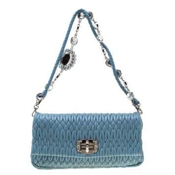 Pre Owned Miu Miu Light Blue Matelassé Leather Crystal Shoulder Bag