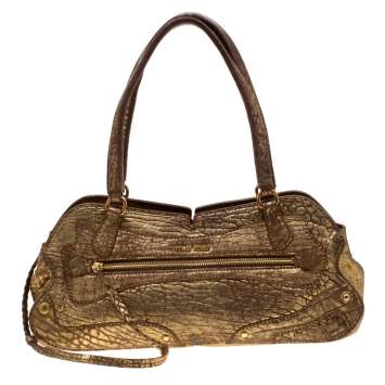 Pre Owned Miu Miu Gold Metallic Distressed Leather Shoulder Bag
