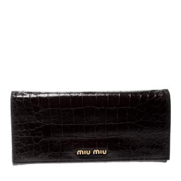 Pre Owned Miu Miu Dark Brown Croc Embossed Patent Leather Continental Wallet
