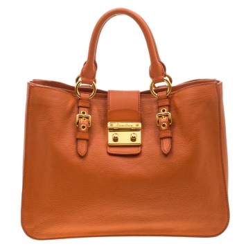 Pre Owned Miu Miu Orange Leather Large Madras Tote 