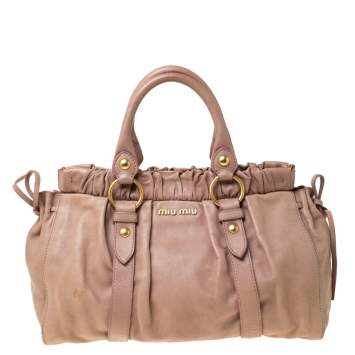 Pre Owned Miu Miu Beige Leather Gathered Tote 