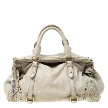 Pre Owned Miu Miu Beige Leather Studded Bow Satchel