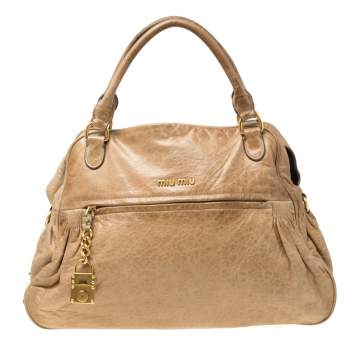 Pre Owned Miu Miu Beige Leather Lily Distressed Satchel