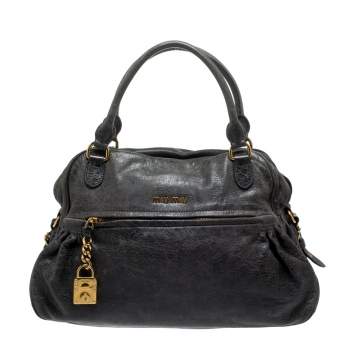 Pre Owned Miu Miu Dark Grey Leather Lily Distressed Satchel