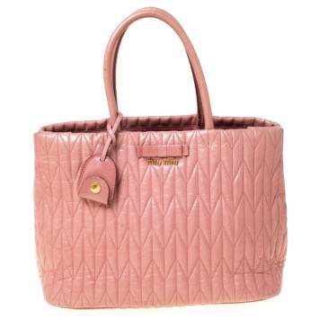 Pre Owned Miu Miu Pastel Pink Matelassé Leather Bow Tote