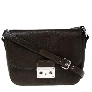 Pre Owned Miu Miu Dark Green Leather Pushlock Crossbody Bag