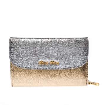 Pre Owned Miu Miu Gold/ Silver Metallic Leather Flap Wallet