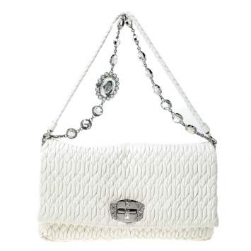 Pre Owned Miu Miu White Matelassé Leather Crystal Flap Shoulder Bag