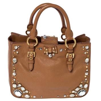 Pre Owned  Miu Miu Tan Leather Crystal Embellished Studded Tote