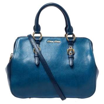 Pre Owned Miu Miu Blue Leather Madras Bowler Bag