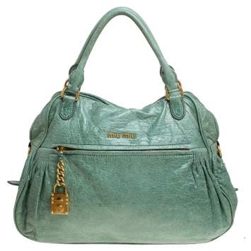 Pre Owned Miu Miu Mint Green Leather Lily Distressed Satchel
