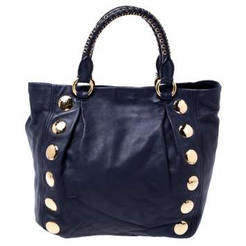 Pre Owned Miu Miu Navy Blue Leather Studded Satchel