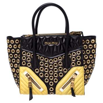 Pre Owned Miu Miu Black/Yellow Leather Grommet Biker Convertible Tote