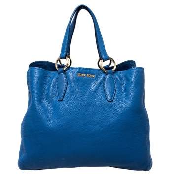 Pre Owned Miu Miu Blue Pebbled Leather Caribou Shopper Tote 